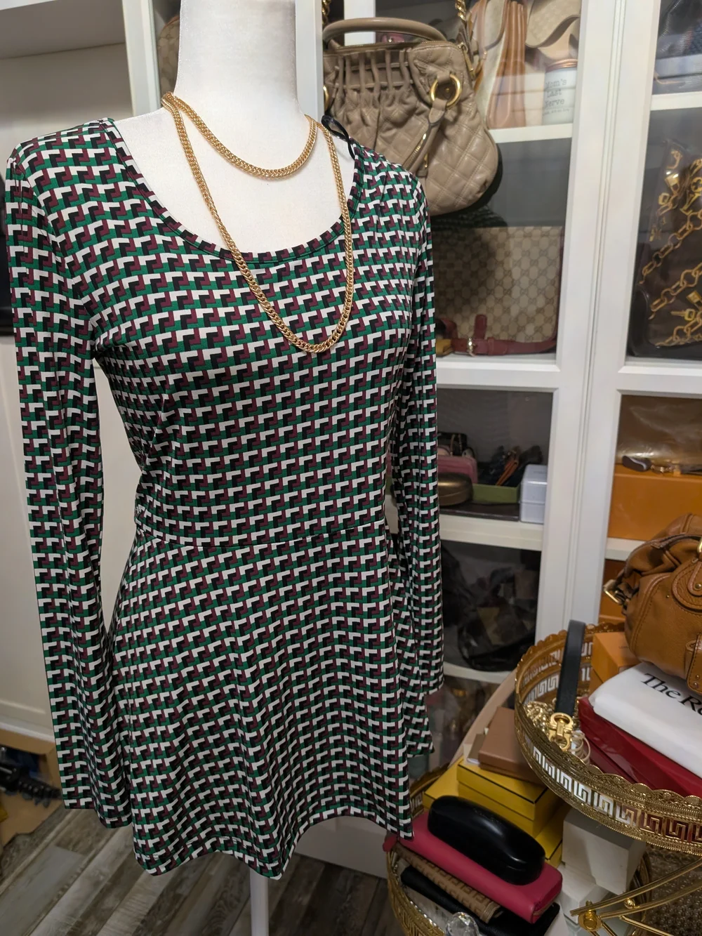Michael Kors Black, Green & White Geo-Print Long Sleeve Fit-and-Flare Top